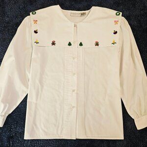 Highgate LTD Vintage 80s 90s White Christmas Blouse Original Embroidery Size 14